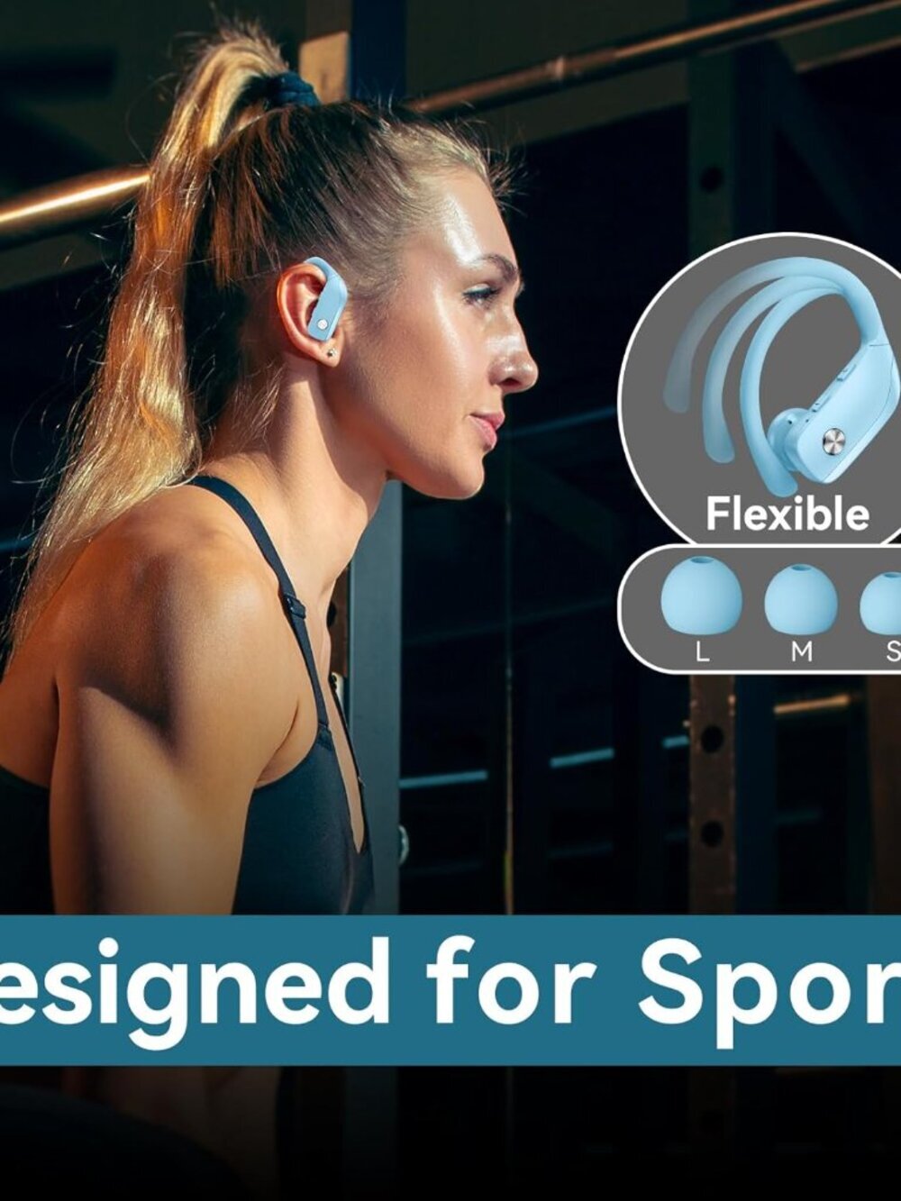 Sky Blue Wireless Earbuds Bluetooth LED Display Ear-hooks Built-in Mic Headset - Picture 6 of 6